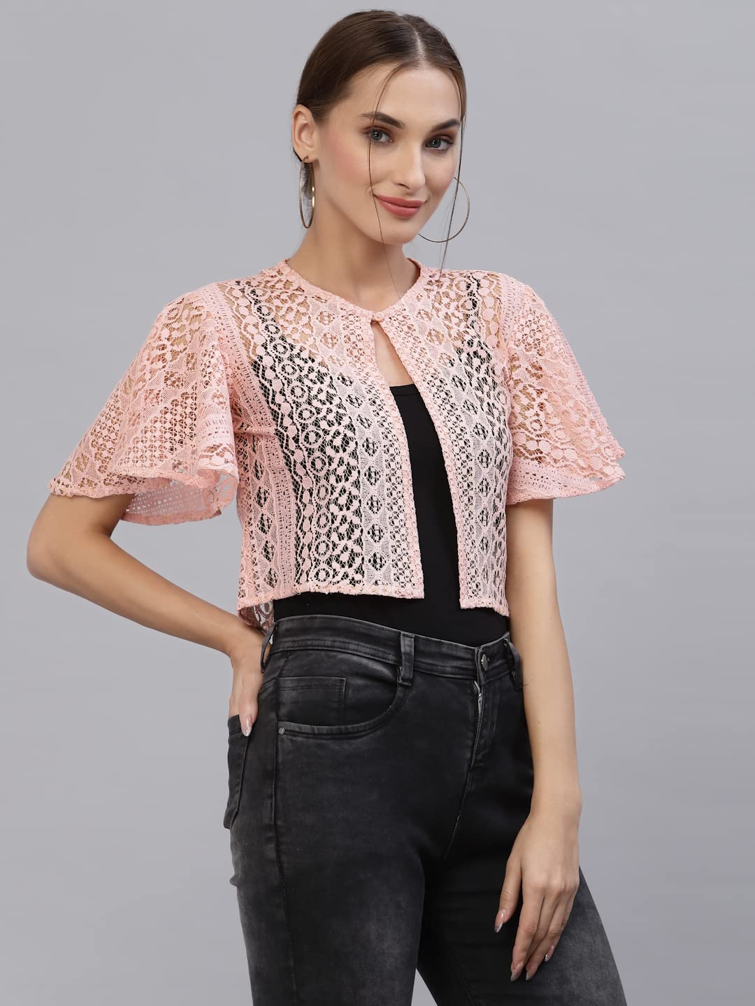 Style Quotient Women Nude Self Design Lace Open Front Smart Casual Shrug