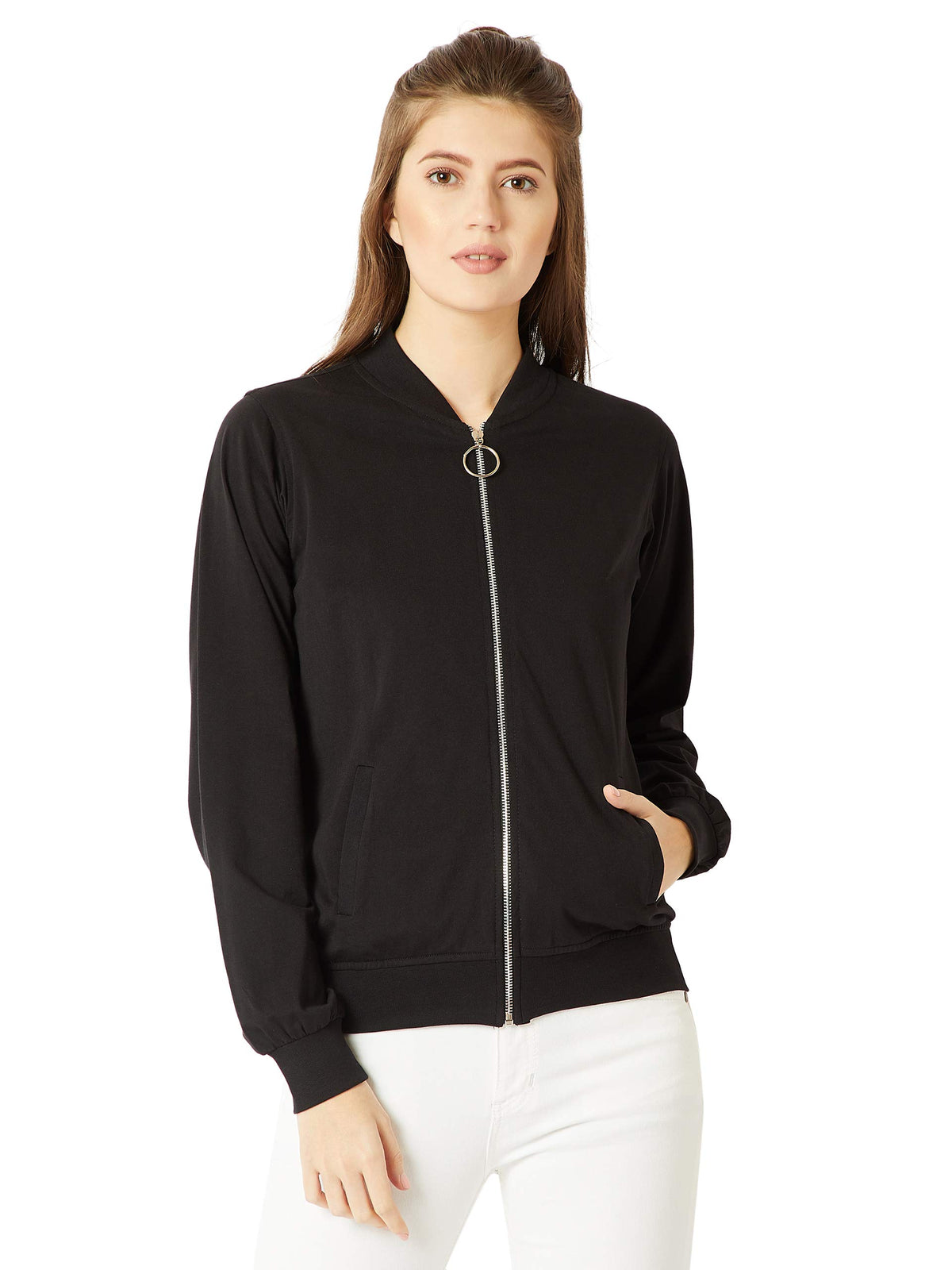 Miss Chase WomenS Cotton Standard Round Neck Full Sleeves Solid Ring Puller Detailing Zippered Bomber Jacket (Mcaw18Jkt02-54-62