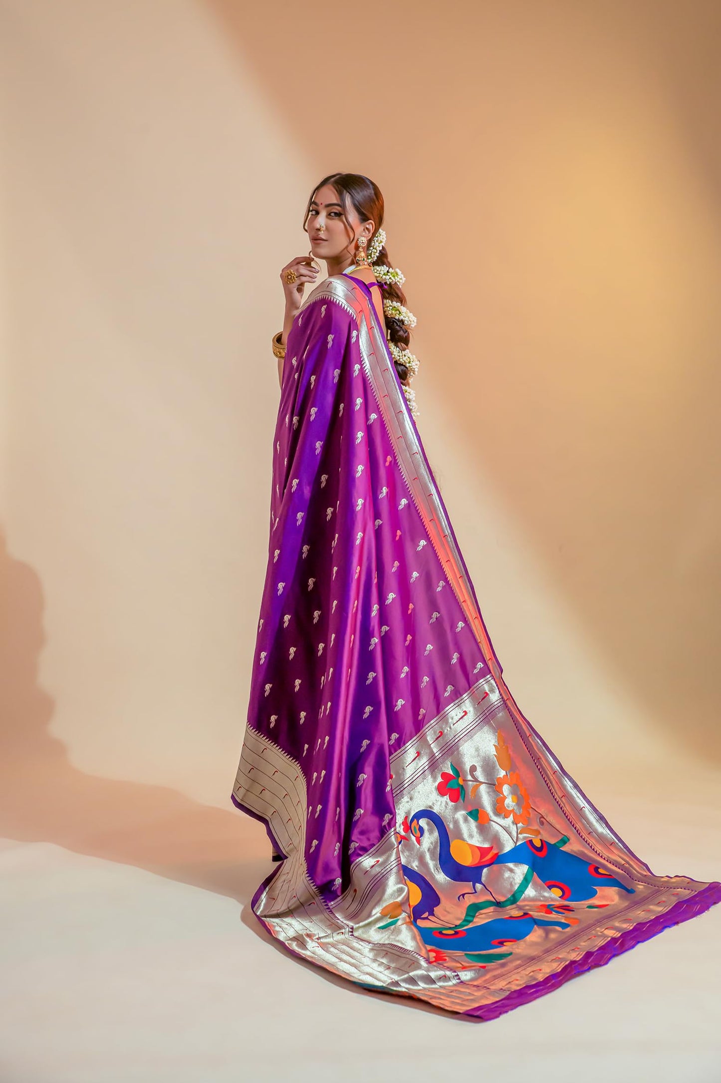 Pujia Mills Woman Pure Banarasi Silk Paithani Saree Indian Ethnic Wear Kanjivaram Saree With Heavy Golden Zari Woven Border With