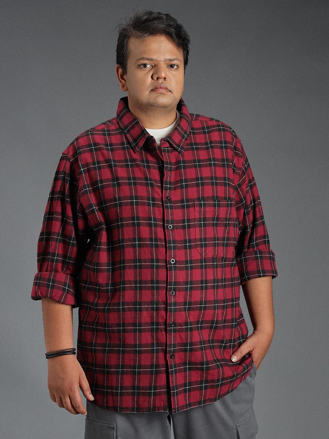High Star Plus Size Classic Tartan Checked Cotton Casual Shirt