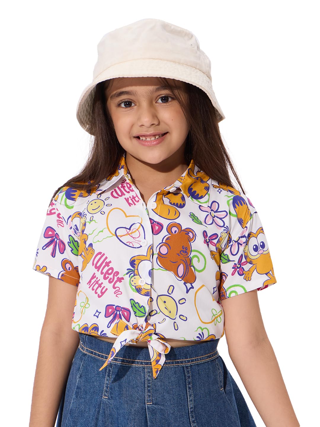 The Souled Store Official Garfield: Cutest Kitten Girls Short Sleeves Round Neck Slim Fit Ribbed Cropped Tops White