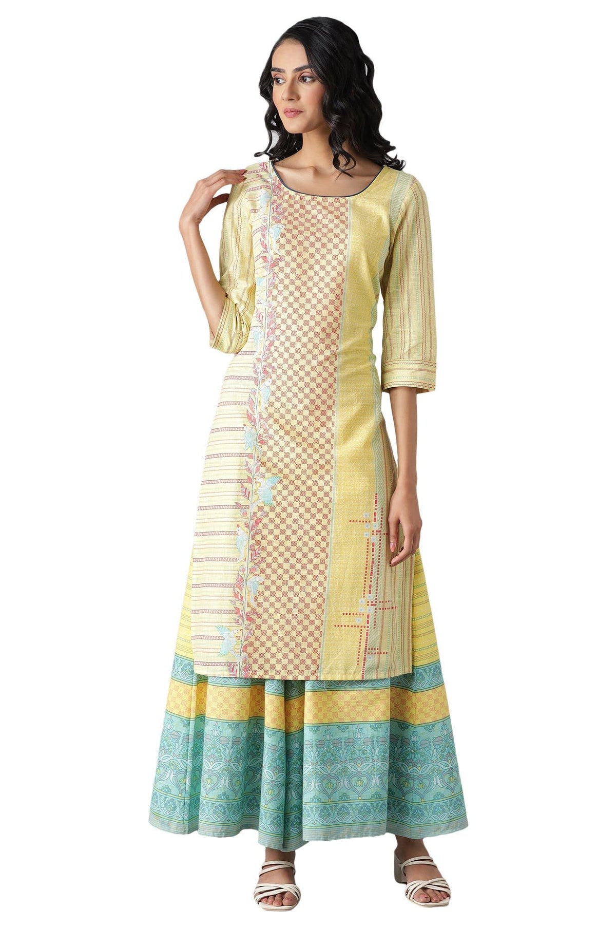 Aurelia Womens Cotton Straight Fit Straight Popcorn Geometric Round Neck Kurta