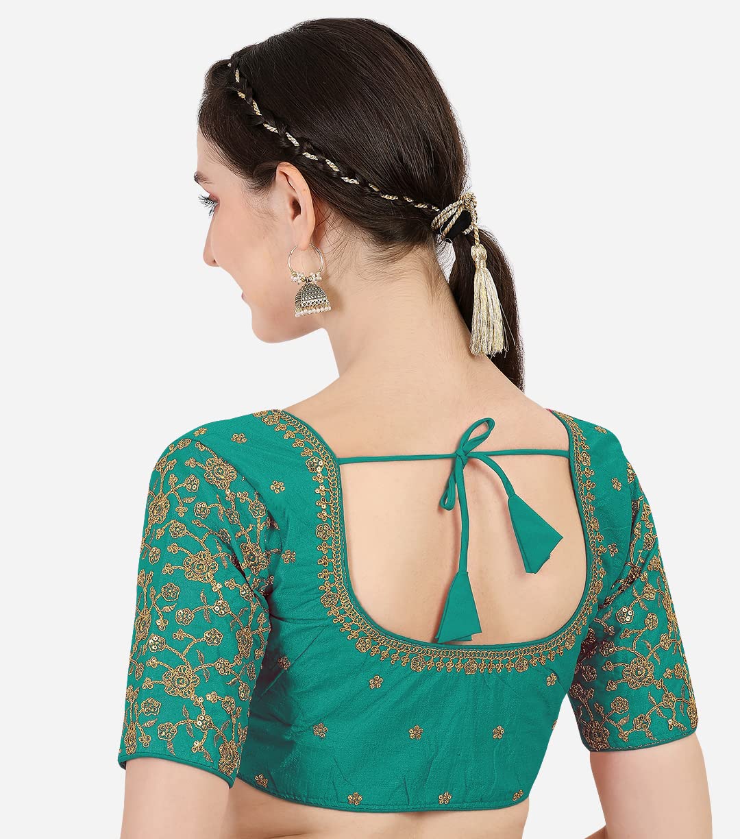 Pujia Mills WomenS Multicolor Flower Embroidery Sleeves Design Phantom Silk Readymade Blouse For Saree And Lehenga Choli (Rama,