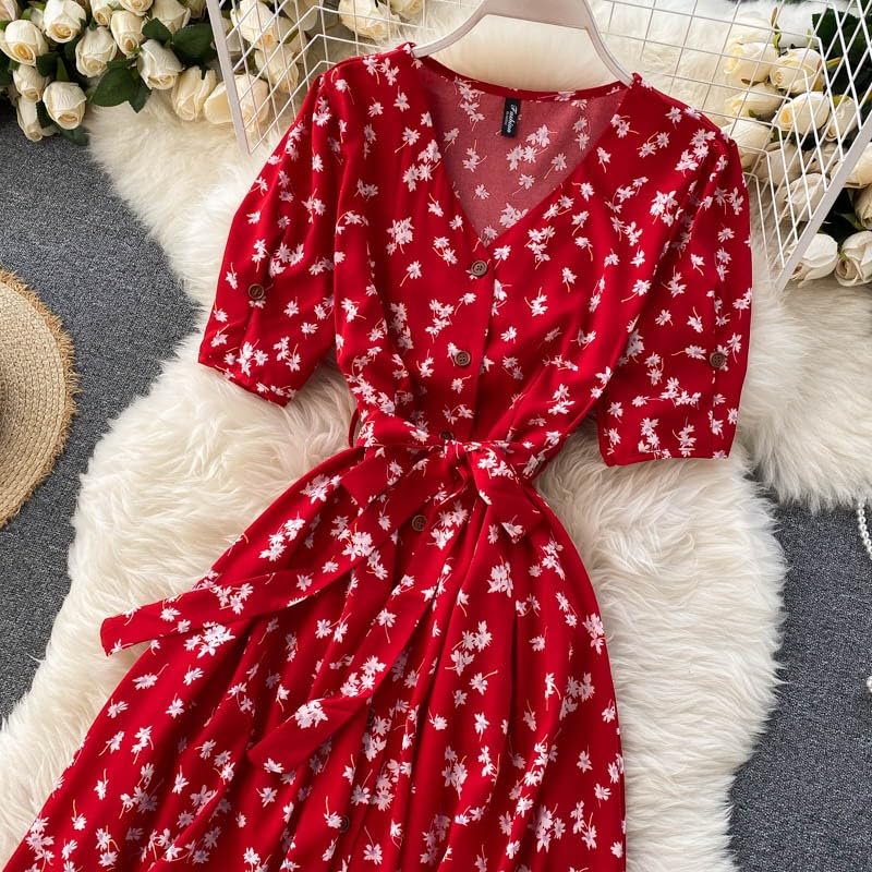 Gufrina Dresses for Women Half Sleeve || Floral Print || V-Neck and Puff Sleeves || Front Open Button & Tie-Up || Midi Dress (Re