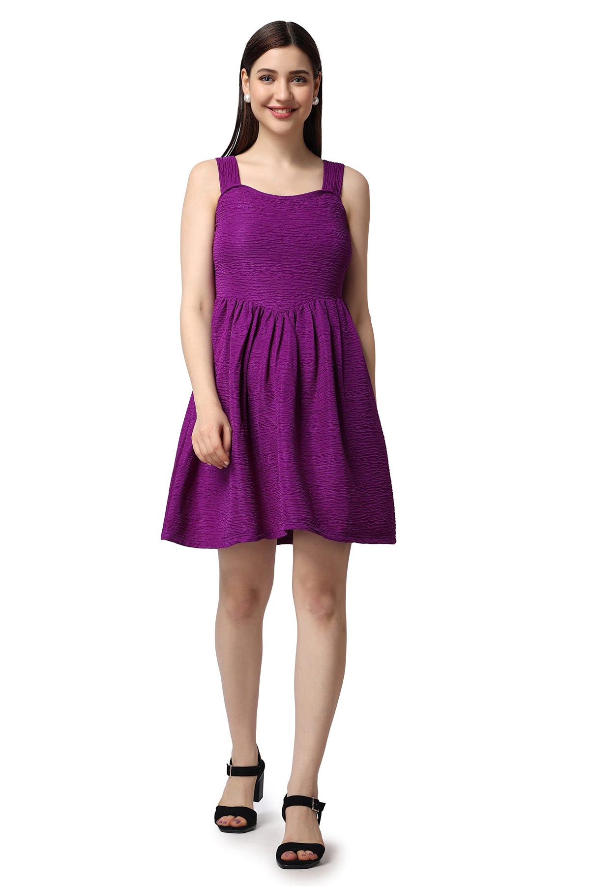 Popwings Casual Self Design Crush Dress For Women || Sleeveless Summer Dress For Women || Latest Stylish Knee-Length Women Dress