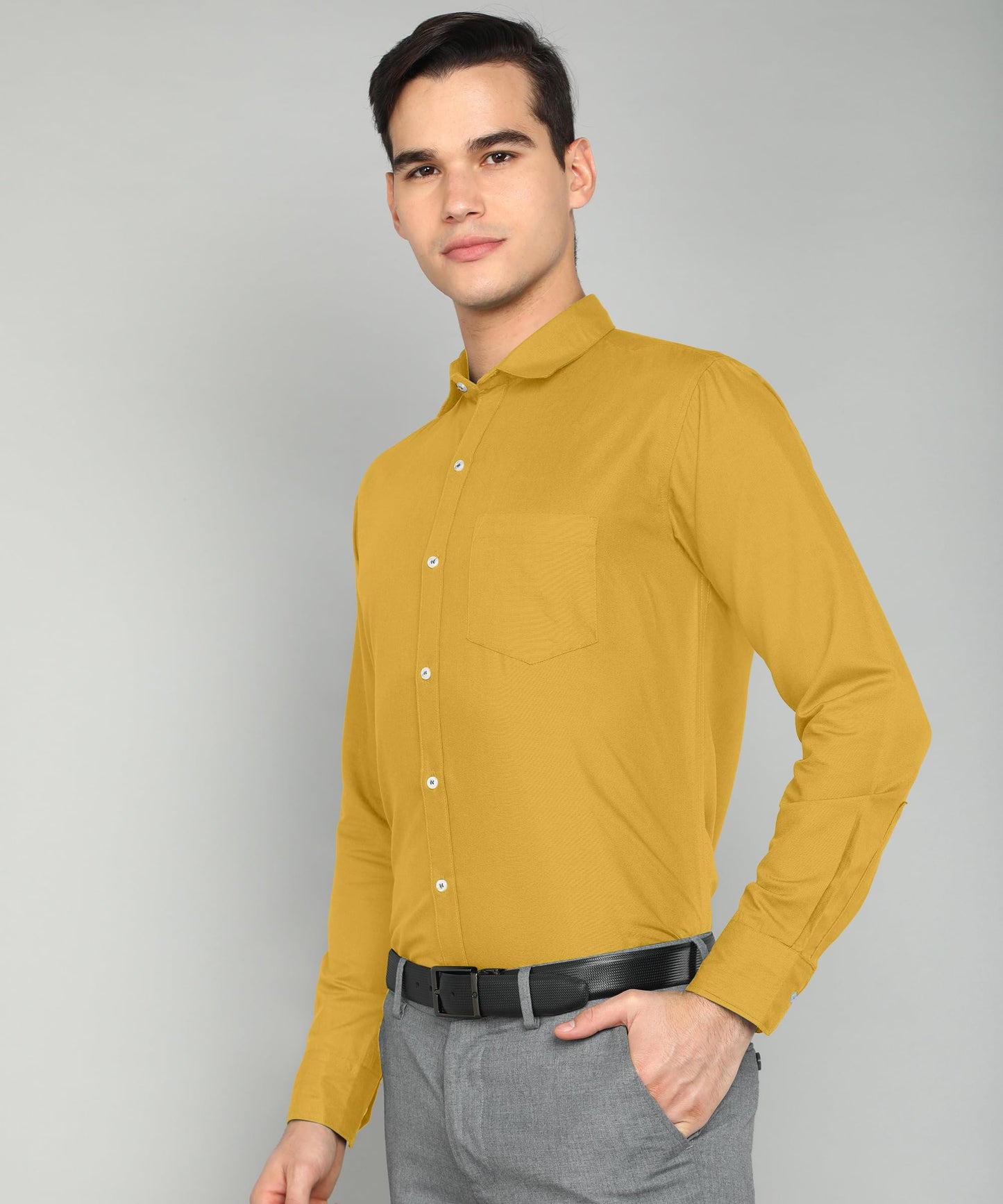 Mildin MenS Regular Cotton Blend Yellow Slim Fit Solid Button Down Spread Collar Full Sleeve Curved Hemline Formal Shirt With O