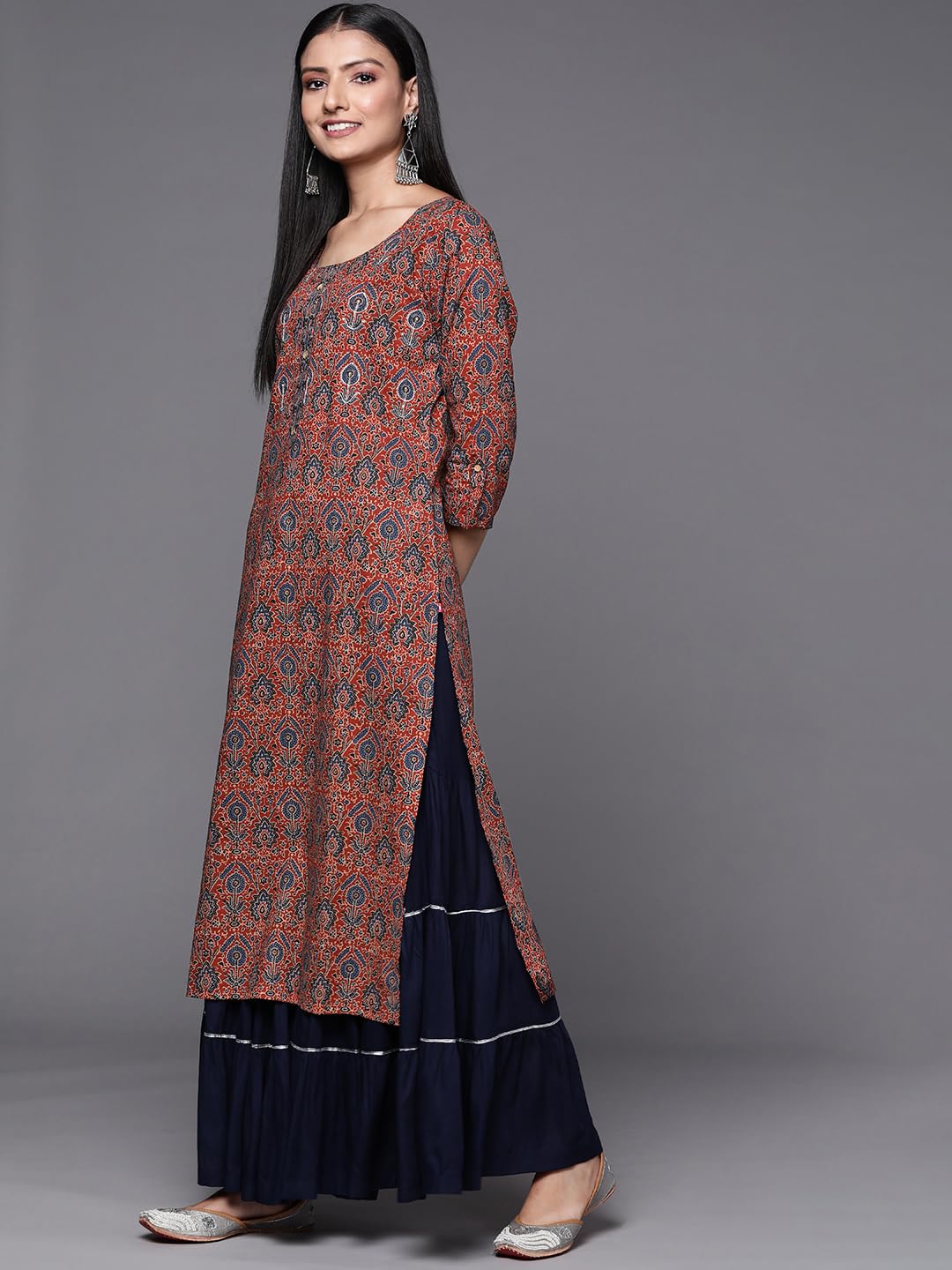 Varanga Rust Ajrakh Printed Kurta with Hand Work detailings