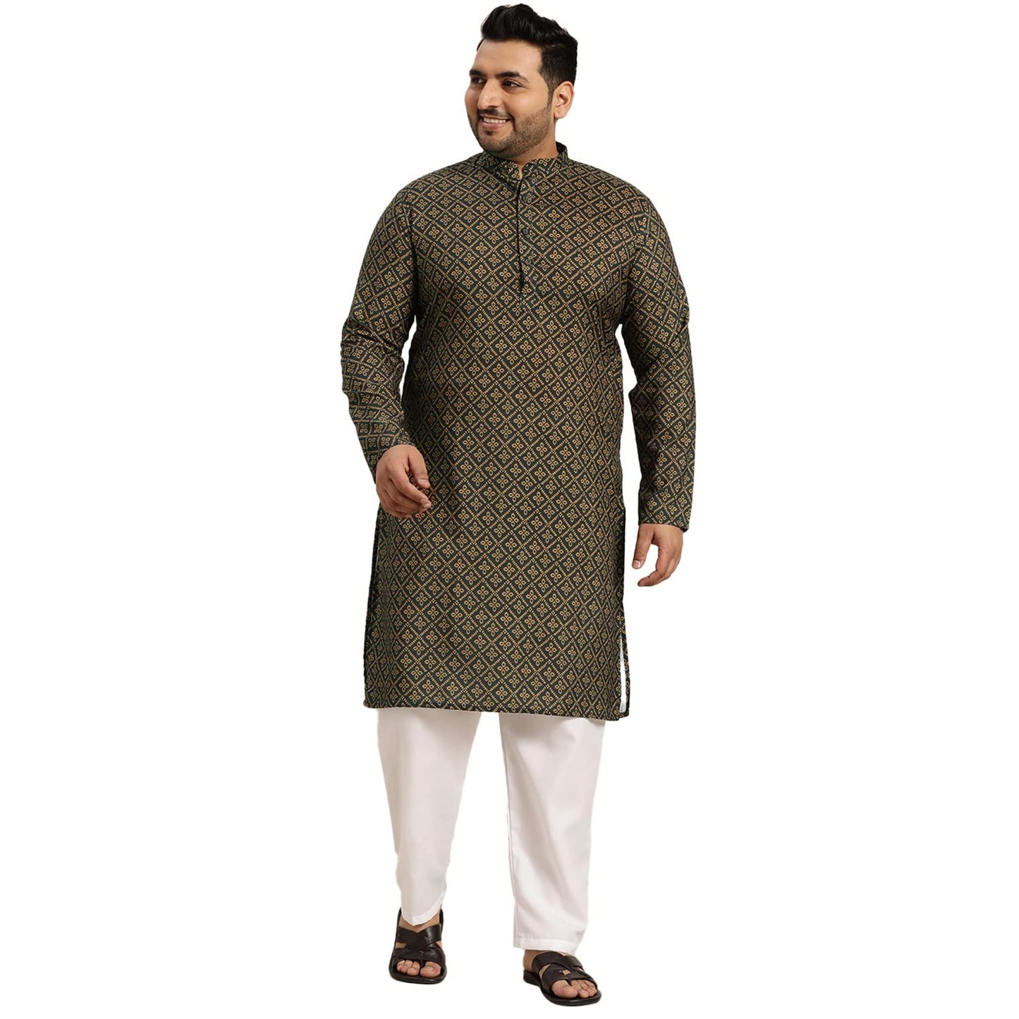 SOJANYA PLUS (Since 1958) Men's Pure Cotton Black and Mustard Printed Kurta and White Pyjama Set
