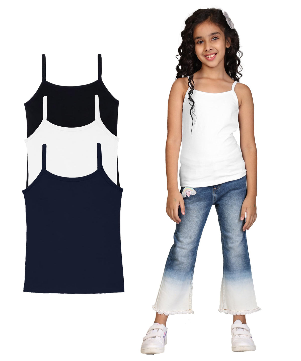 Kyda Kids GirlS Cotton Inner Camisoles | Undershirt Vest With Regular Strap | Soft & Stretchy Slips - Pack Of 3