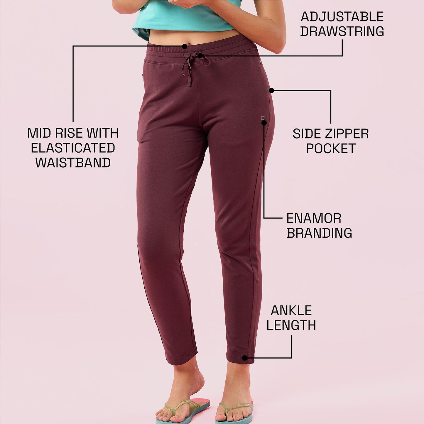 Enamor E060 Women Slim Fit Mid Rise French Terry Ankle length Lounge Pants