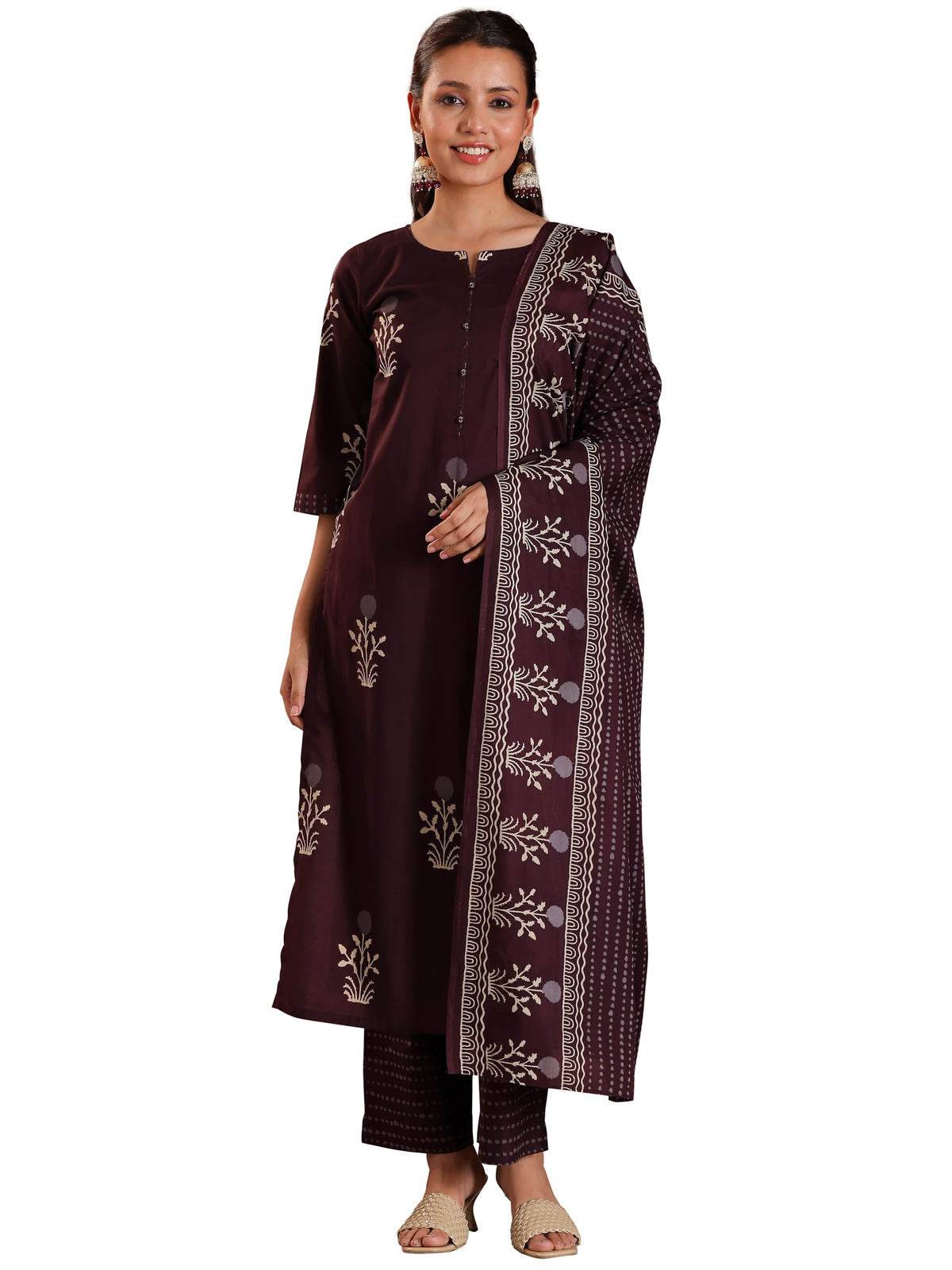 Libas WomenS Pure Cotton Printed Kurta Set (369130R Brown