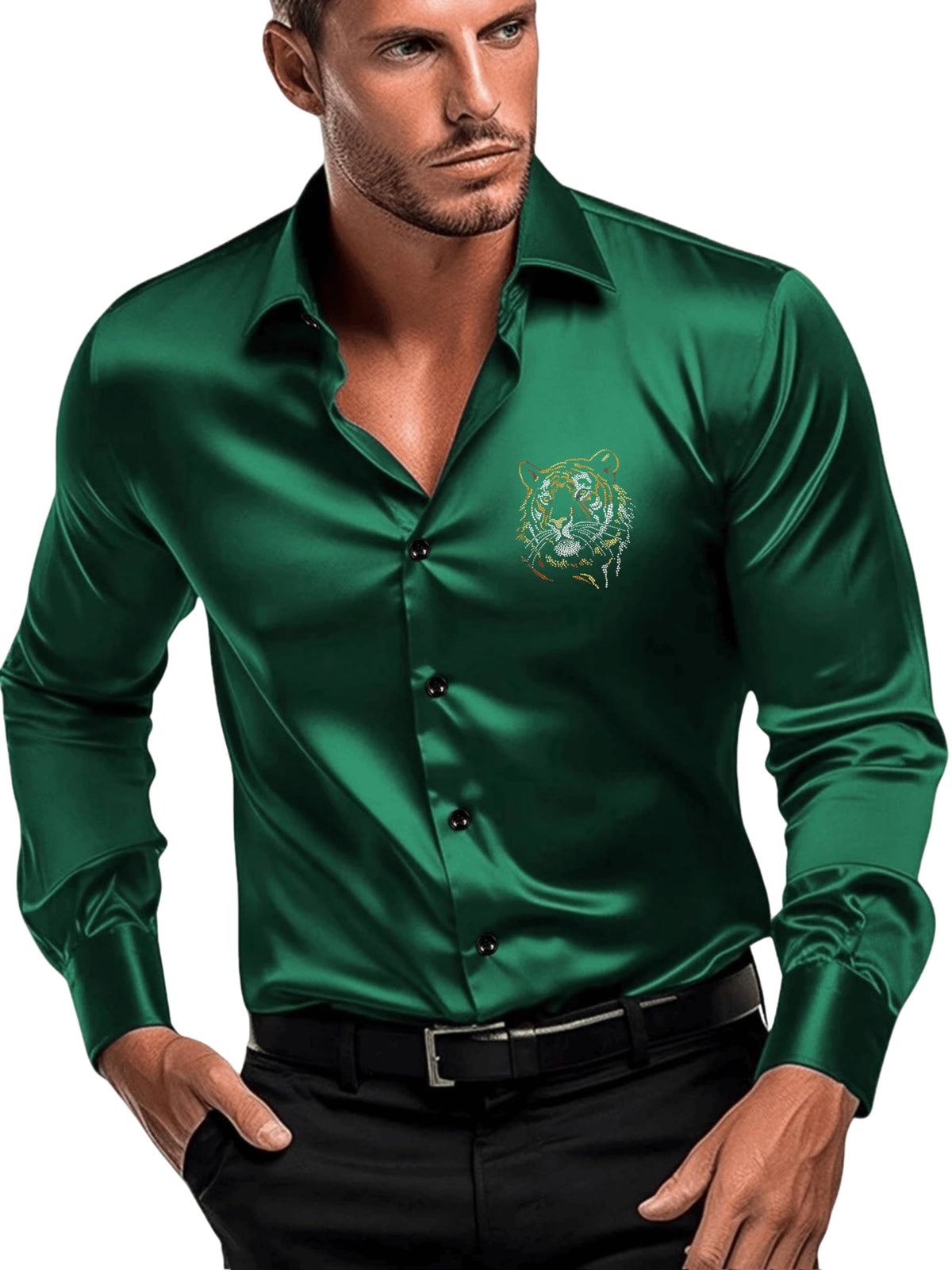 Indoprimo MenS Satin Stylish Club Wear Tiger Diamond Print Shirt Full Sleeve Peach