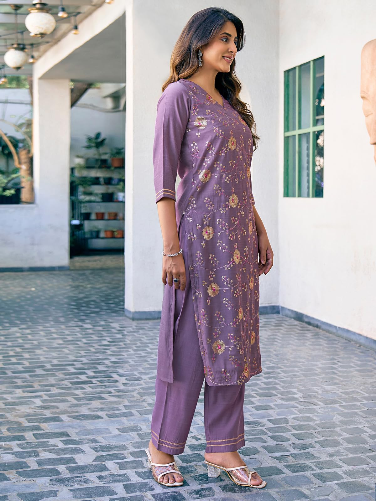 Sanisa Women's Silk Blend Sequence and Embroidery Work Straight Kurta with Pant and Dupatta Set