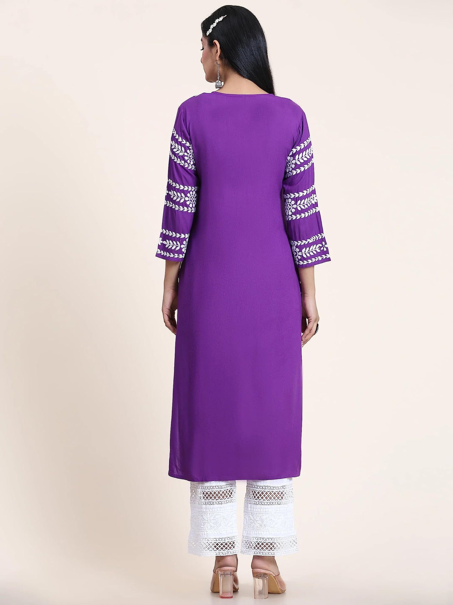 GoSriKi Women's Rayon Blend Chikankari Embroidered Straight Kurta (ELEVAN-BEGANI-GS)