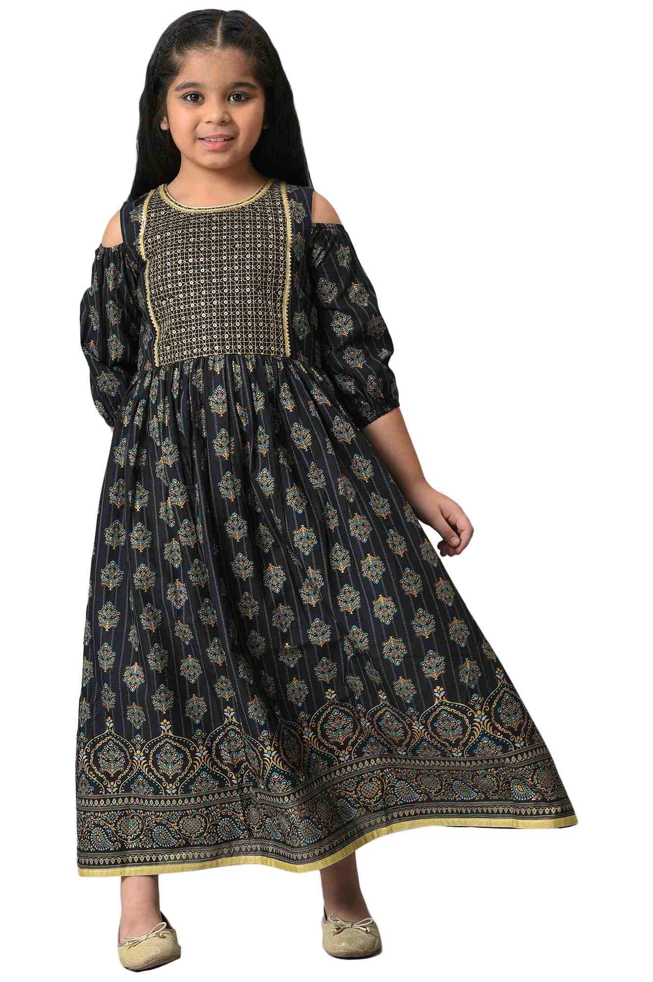 Aurelia Girls Black Cotton Floral Printed Flared Dress_22AUG10291C-506265_12-13