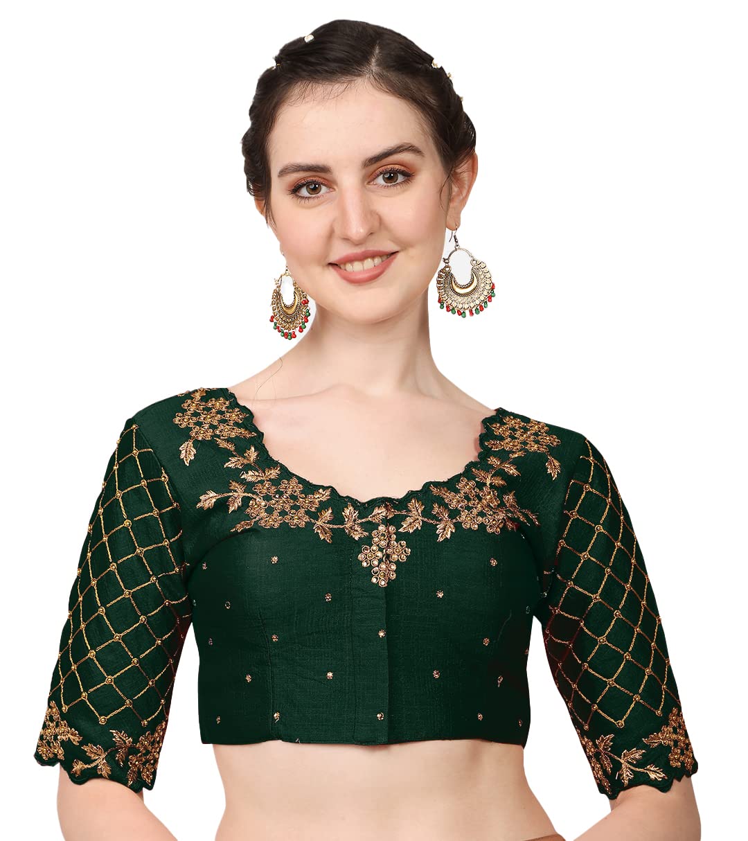 Pujia Mills WomenS Embroidery Handwork, Rough Cut Work Stone Work Readymade Blouse (36, Bottle Green)