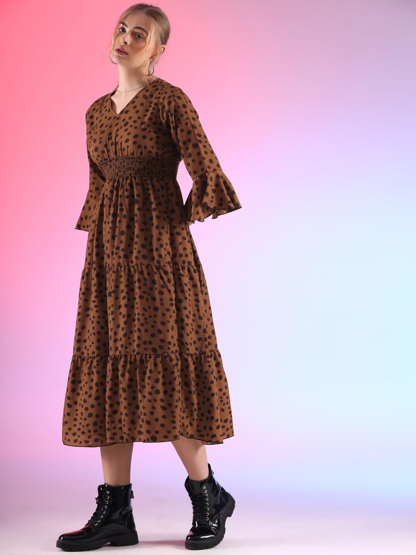 Sheetal Associates WomenS Crepe Midi Frock Dress With 3/4 Flare Sleeves V- Neck Polka Dots Pattern And Fit & Flare Calf Length