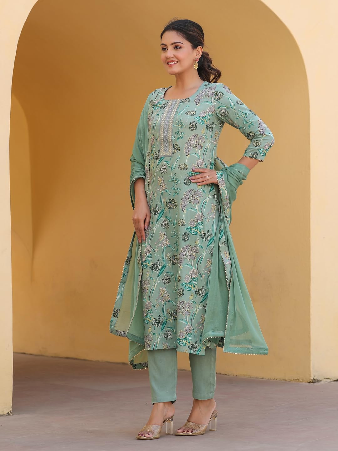 GoSriKi Women's Rayon Blend Printed Kurta with Pant & Dupatta, 3XL, Green, Model VICE-GS