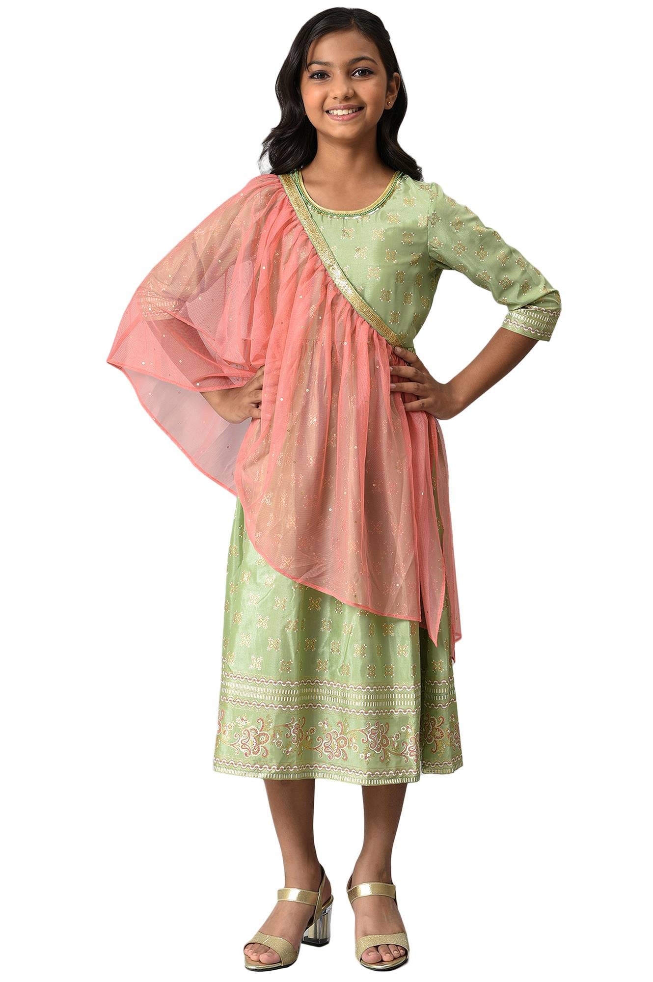 Aurelia Girl's Polyester Dress & Dupatta (22AUG10272C-505979_Green