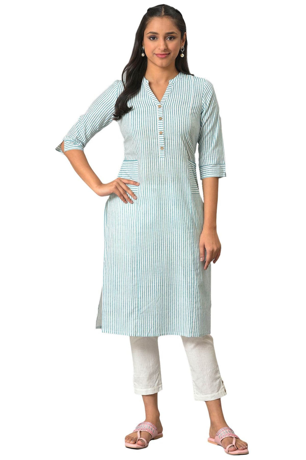 Aurelia Green Vertical Striped Cotton Regular Kurta