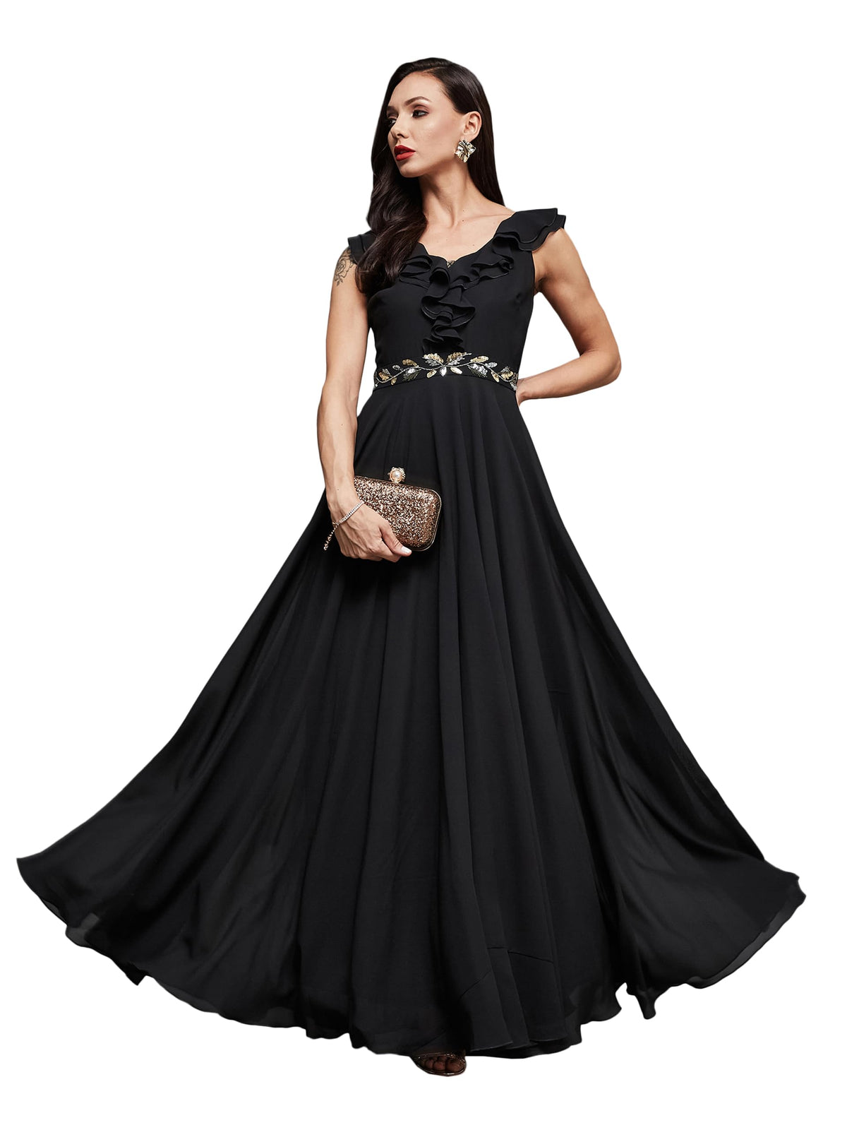 Miss Chase Womens Sleeveless Embroidered Ruffled Georgette Maxi Dress (MCSS23D06-66-62-05, Black, L)