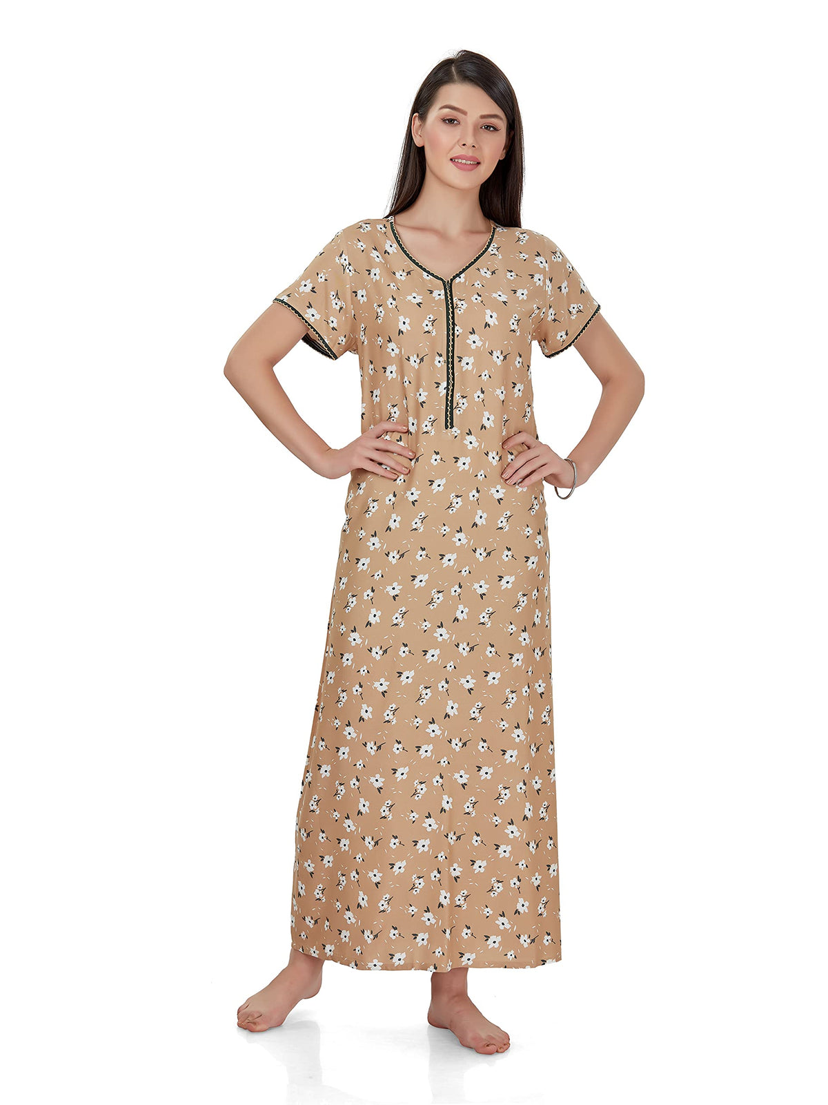 Evolove WomenS Viscose Liva Long Maxi Night Gown Nighty Dress With Pocket & Zipper, Super Soft Comfortable (Bud Brown, Lngco154
