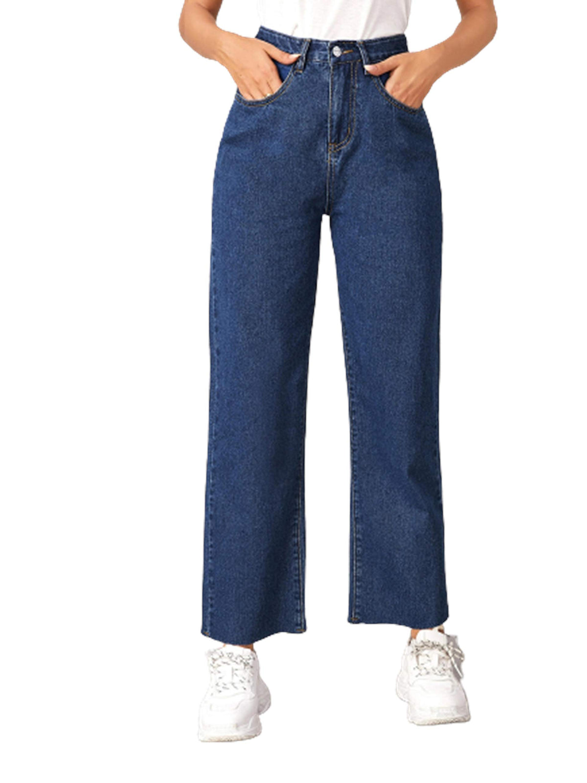 KOTTY Womens High Waist Flared Fit Ankle Length Clean Look Blue Denim Jeans