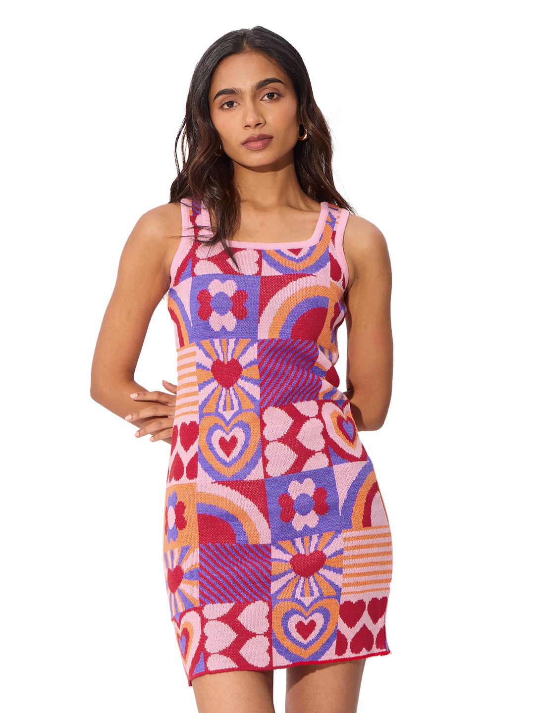 The Souled Store Jacquard Knit Dress: Heart Maze Women And Girls Sleeveless Acrylic Knit Dress