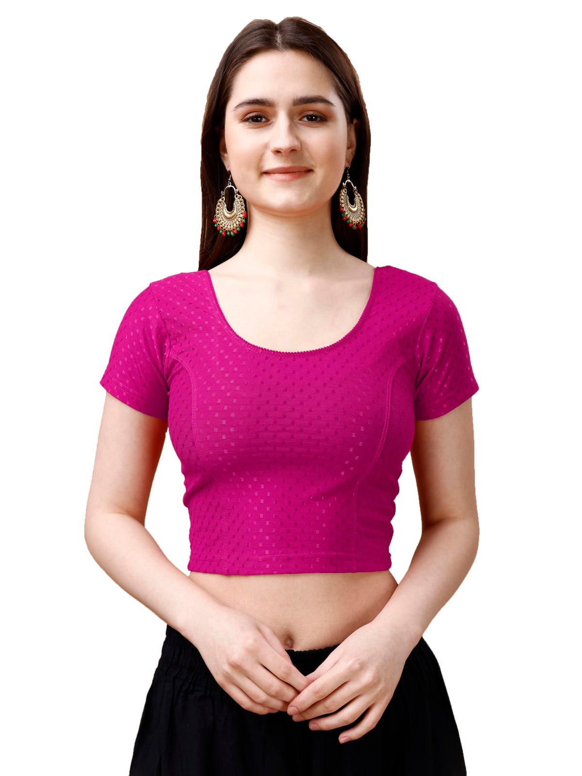 Pujia Mills WomenS Readymade Dobby Cotton Lycra Stretchable Round Neck Short Sleeve Blouse Fancy Pink Color Lycra Stretchable B