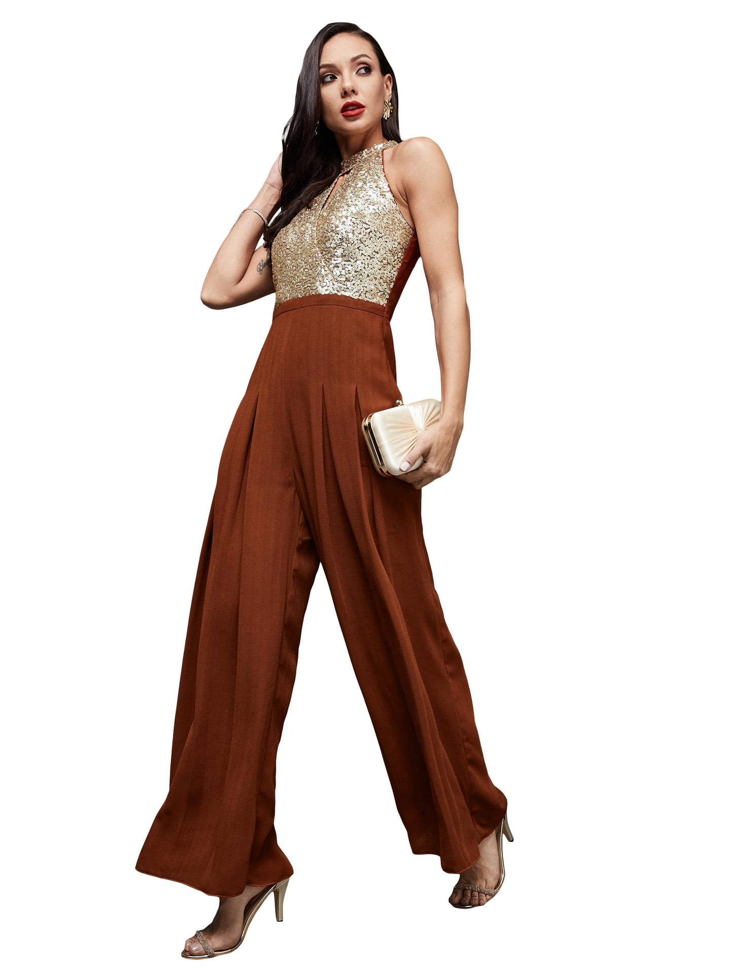 Miss Chase WomenS Halter-Neck Sleeveless Embellished Pleated Crepe Regular-Length Jumpsuit (Mcss23D15-67-606-04, Rust, M)