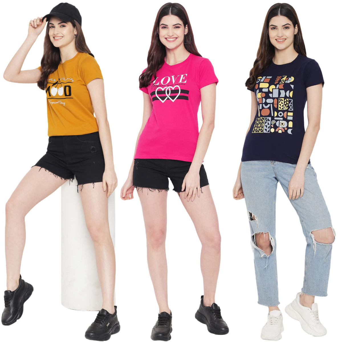 Preneum Womens Cotton Regular Fit Latest Graphic Stylish Printed Short Sleeves Casual T-Shirt || Trends & Stylish (Pack 3), Yel