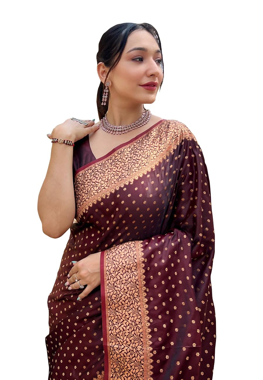 Sugathari Womens Maroon Banarasi Kanchipuram Silk Saree for Women Traditional Wedding & Party Saree with Blouse Piece Ethnic