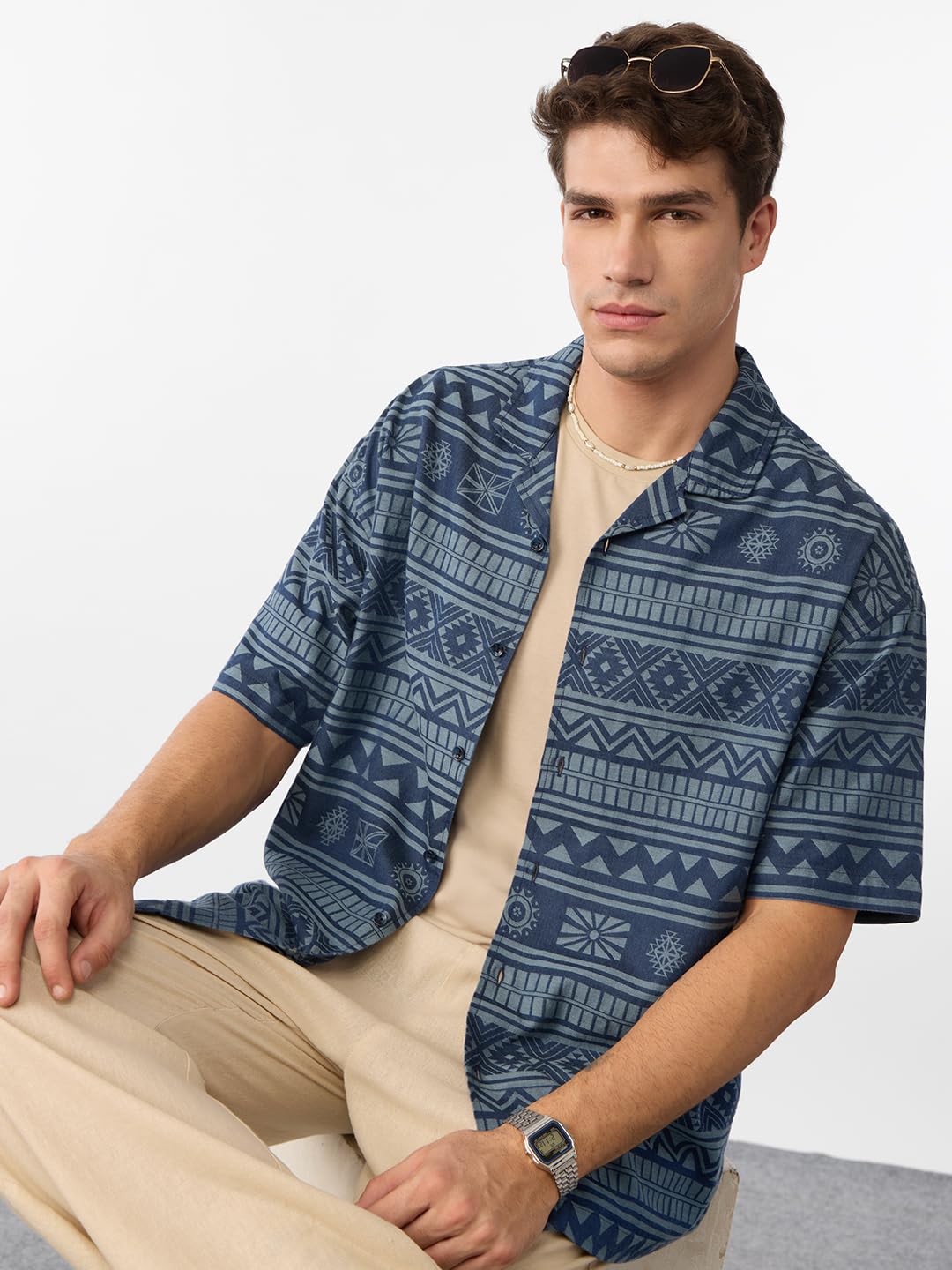 The Souled Store Jacquard: Cerulean Men and Boys Short Sleeve Collared Neck Button Front Blue All Over Printed Cotton Oversized