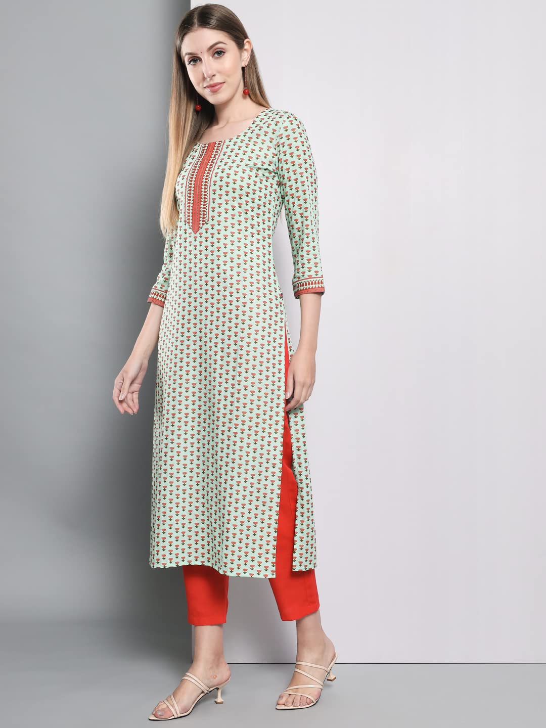 GoSriKi Women's Cotton Blend Traditional Straight Printed Kurta and Pant Set (AMD 555-GS)