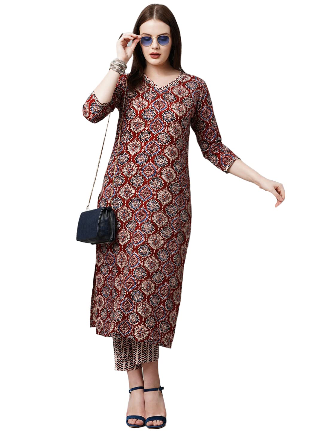 GoSriKi Womens Cotton Blend Traditional Straight Printed Kurta and Pant Set (Priyani-GS)