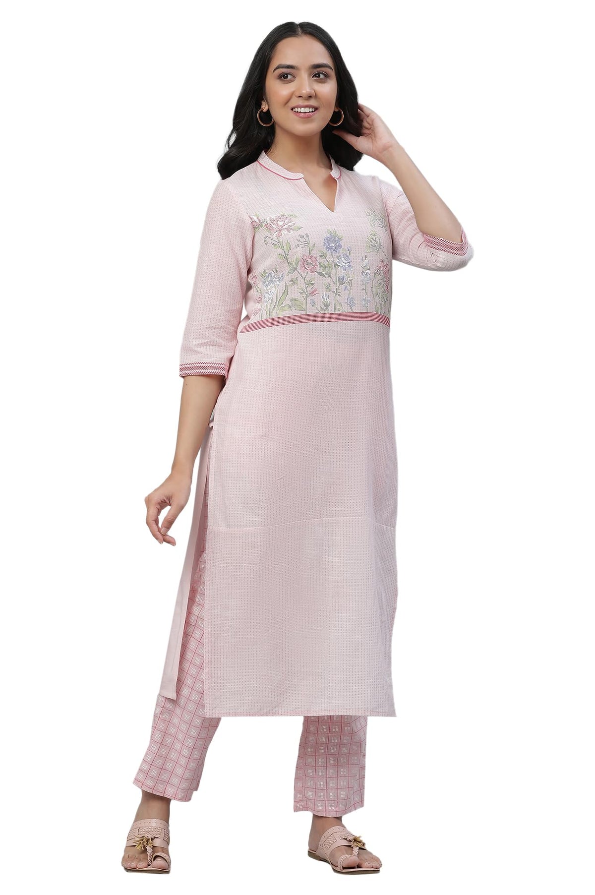 Aurelia Pink Floral Printed Printed Cotton Straight Long Kurta