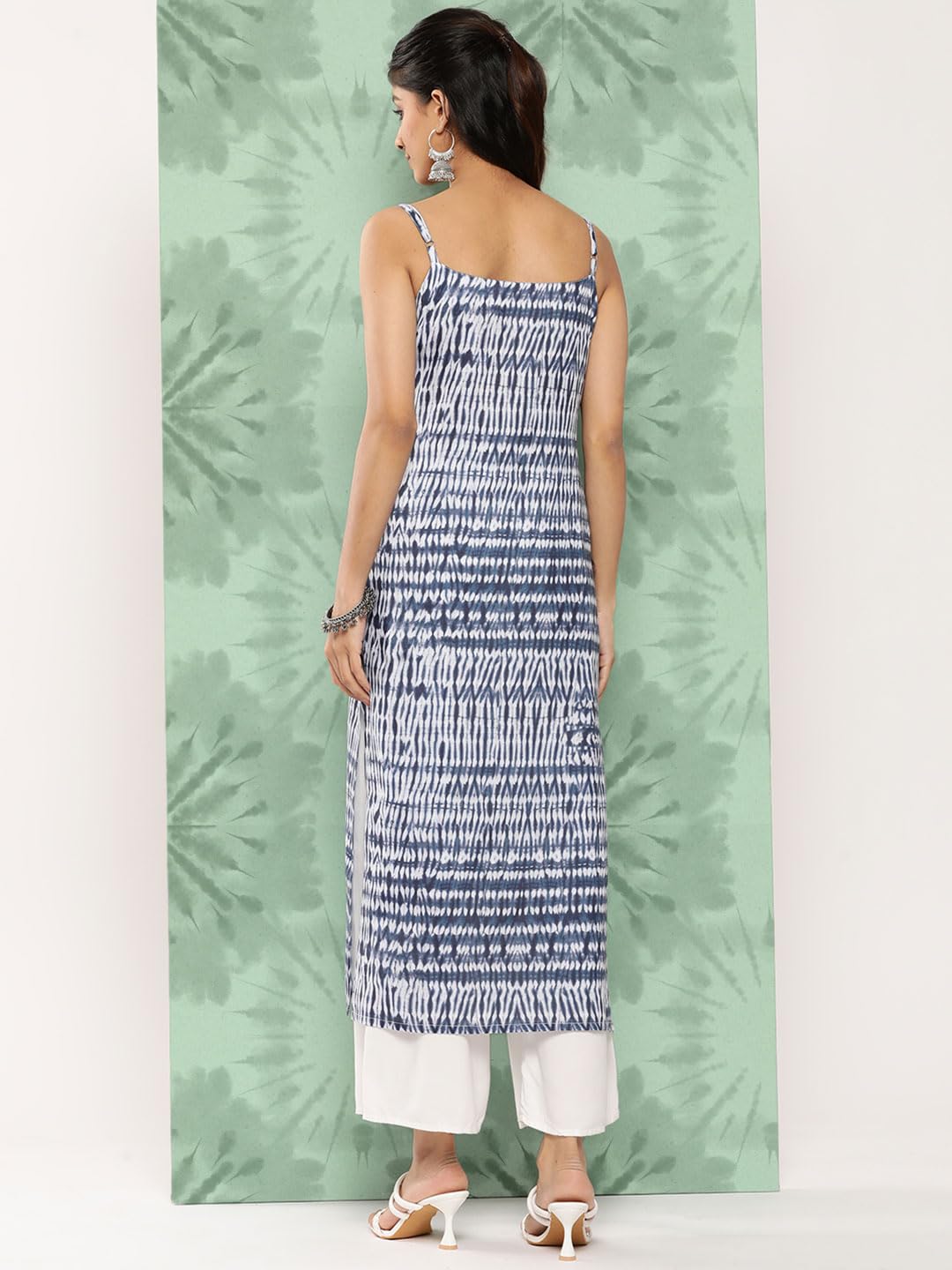Blue And White Shibori Printed Spaghetti Strap Style Straight Kurta With Side Slits, With Adjuster Details On Strap