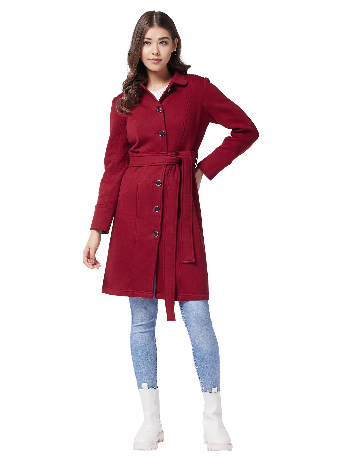 Miss Chase Womens Collared Full Sleeve Tie up Longline Jacket (MCAW24JKT99-21-143-06, Maroon, XL)
