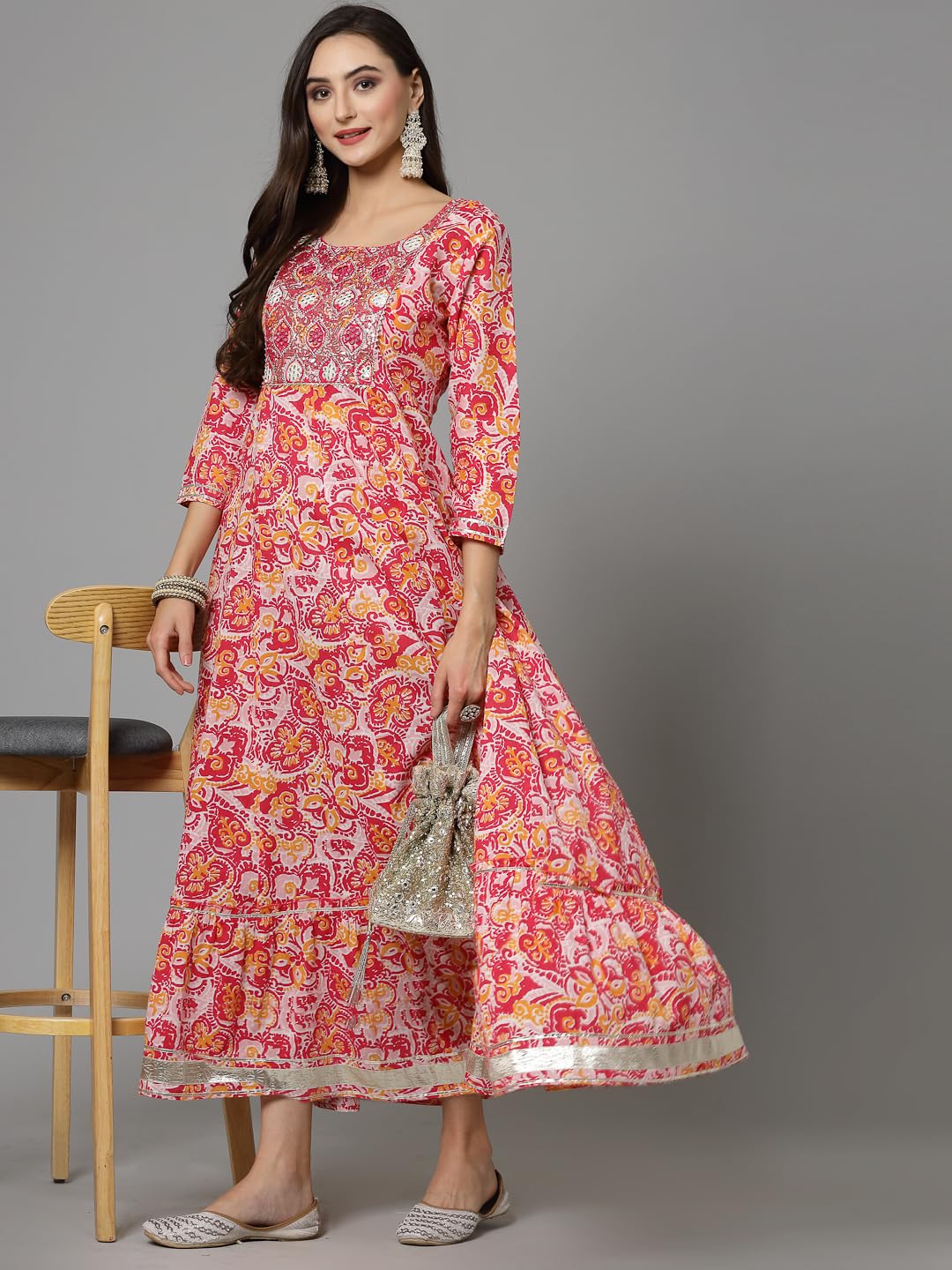 Stylum Women's Printed & Embroidered Cotton Tiered Dress Kurta (Lisa_Pink)