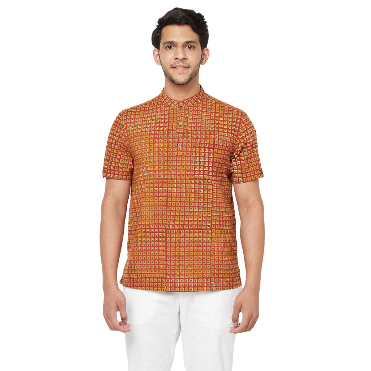 Fabindia Men Cambric Printed Mid Placket Shirt Cotton_M Red