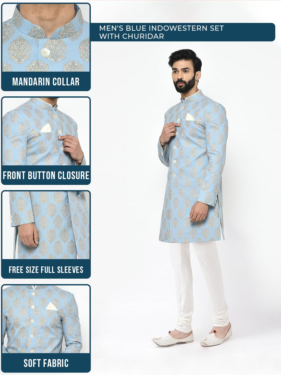Kisah Sherwani For Men Wedding Printed Indo Western Sherwani With Churidar | Designer Ethnic Outfit For Groom & Festivals, Blue