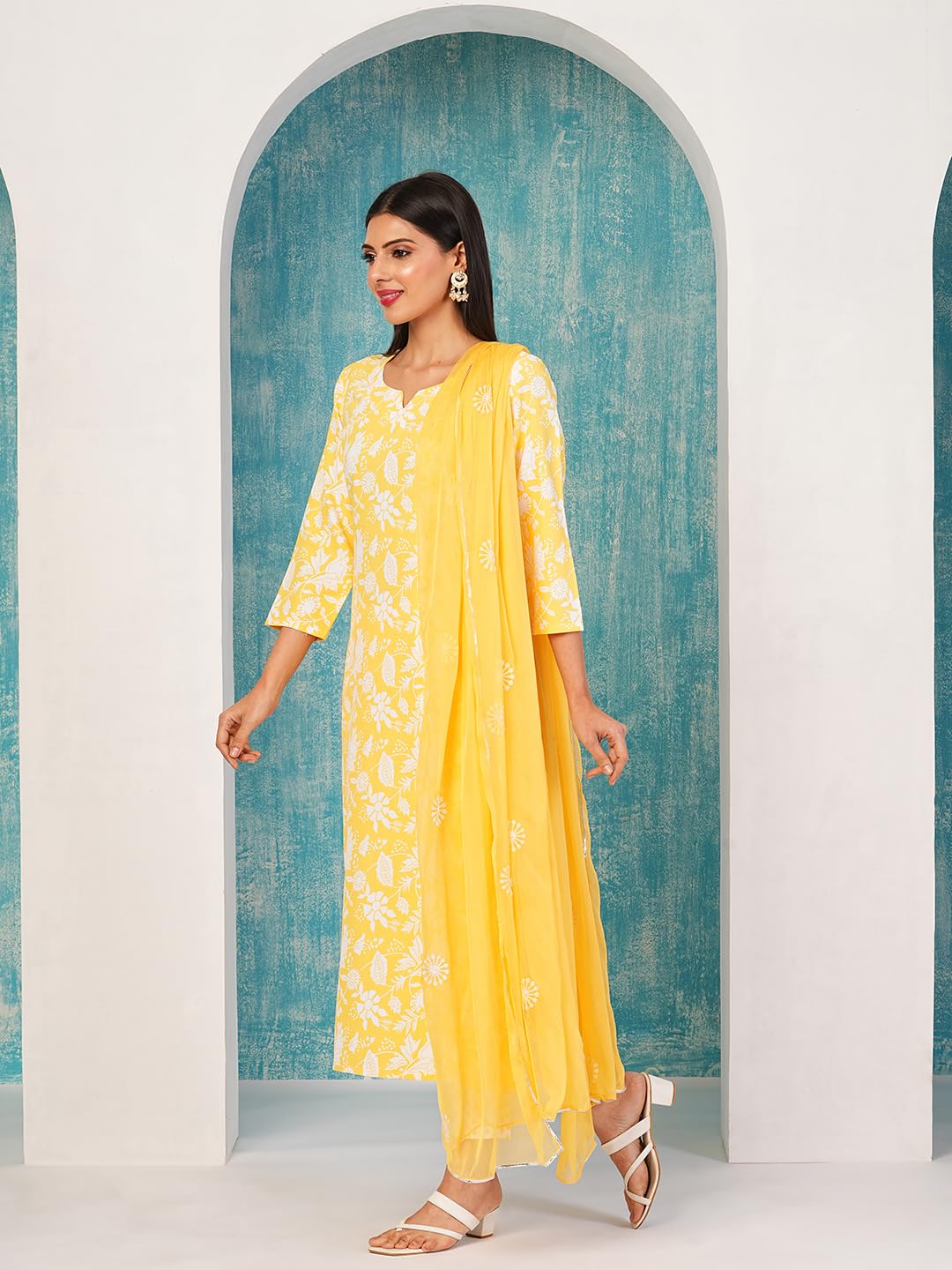 Gosriki WomenS Cotton Blend Straight Printed Kurta With Pant & Dupatta (Mei Yellow-Nb-Gs_Xl_Yellow_X-Large)