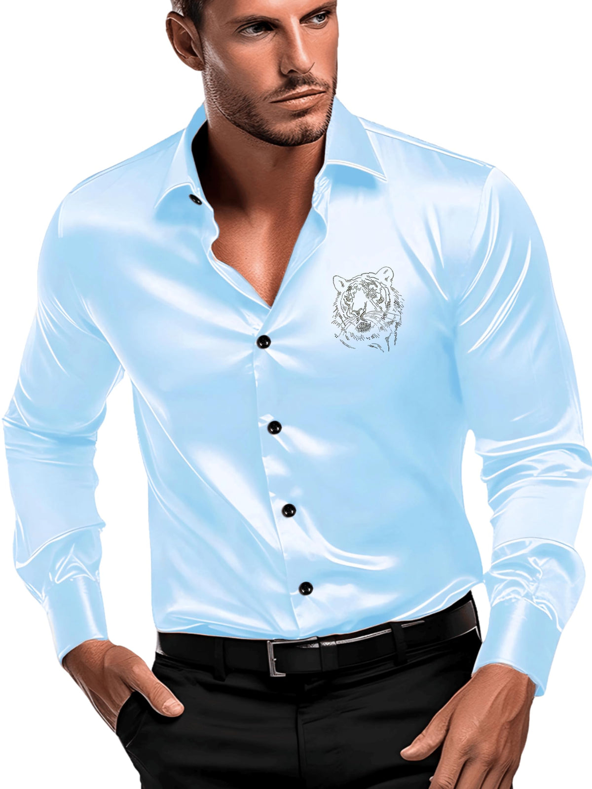Indoprimo MenS Satin Stylish Club Wear Tiger Diamond Print Shirt Full Sleeve Sky