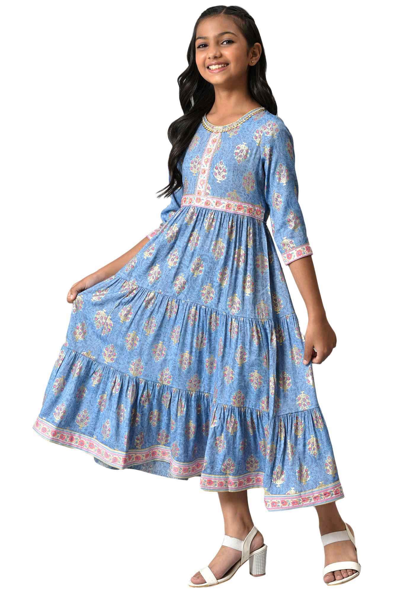 Aurelia Girl's Polyester Fit and Flare Knee-Length Casual Dress (22AUG10211B-504020_Blue