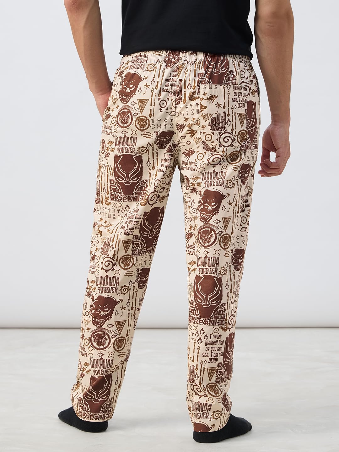 The Souled Store Black Panther: King Of Wakanda Men and Boys Pull On Brown All Over Printed Regular Fit Cotton Pajamas