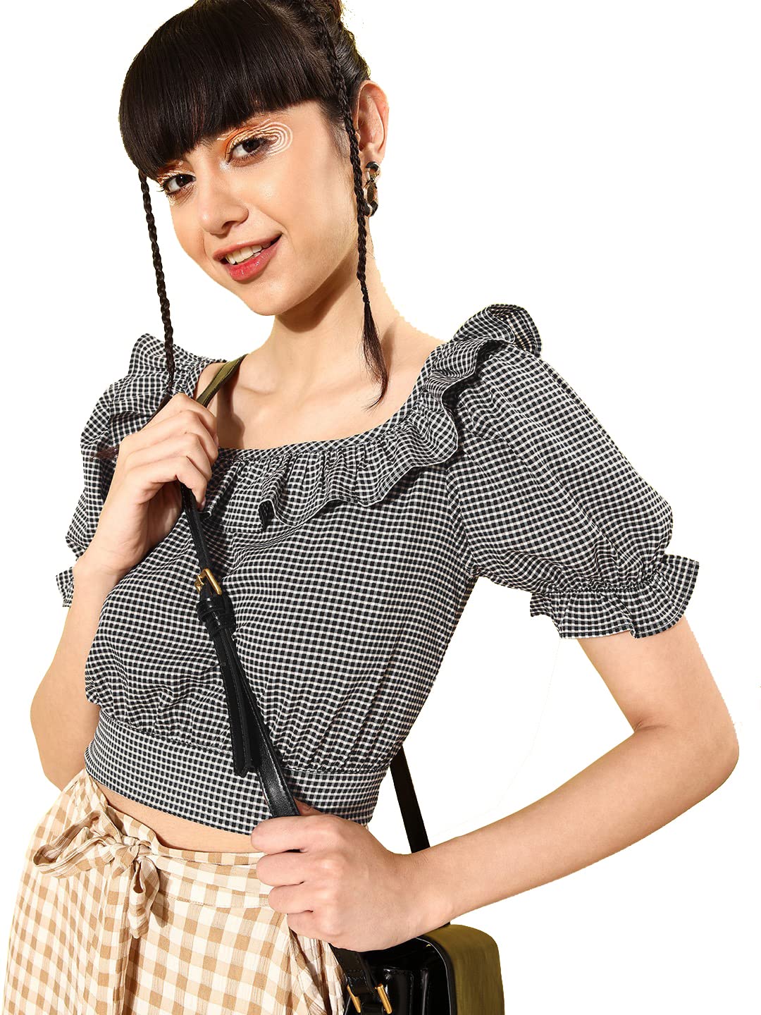 Rare Women Casual Black Colour Boat Neck Checked Regular Top