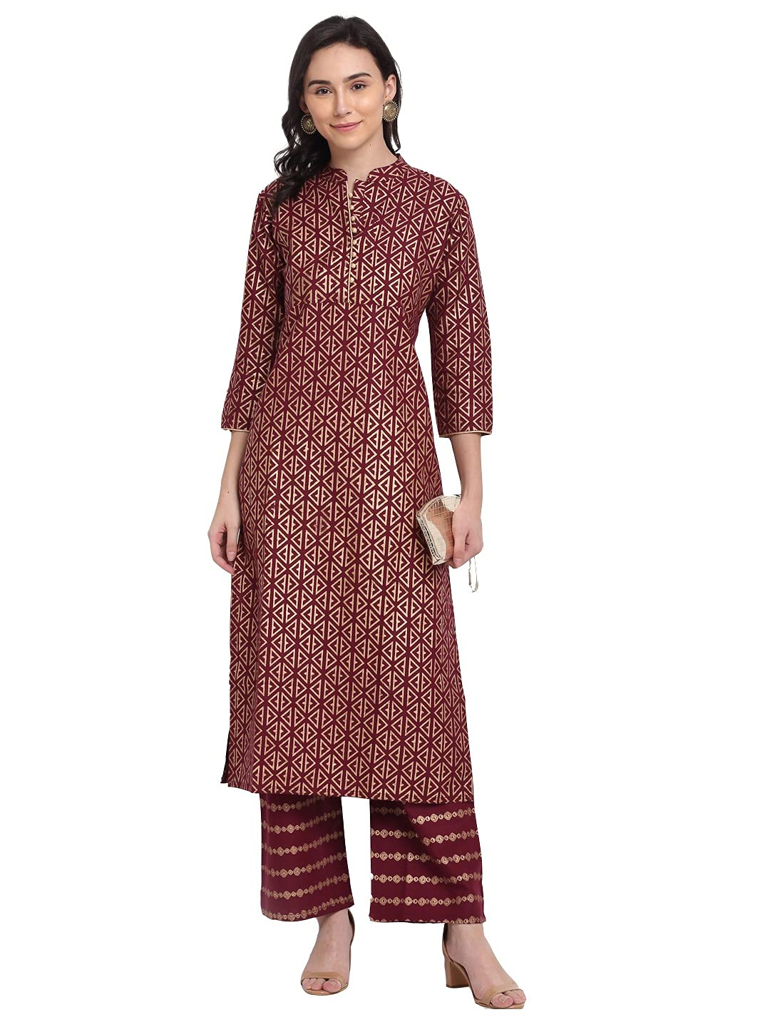 Anni Designer WomenS Rayon Cotton Foil Print Straight Kurta With Palazzo (Siri Maroon_Xxl_Maroon_Xx-Large)