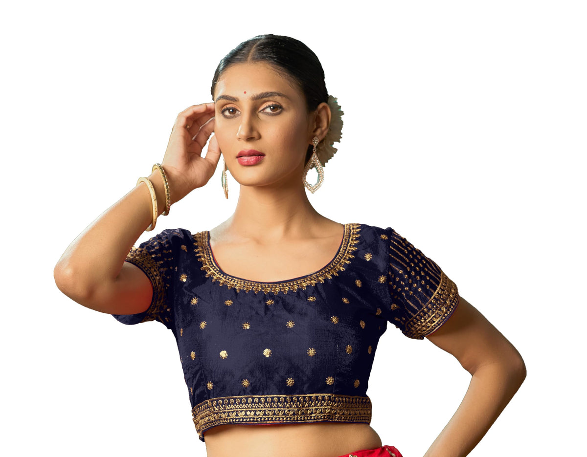 Pujia Mills WomenS Navy Blue Readymade Blouse Embroidery Multi Coding Gold Thread Indian Ethnic Designer Blouse Stitched Women