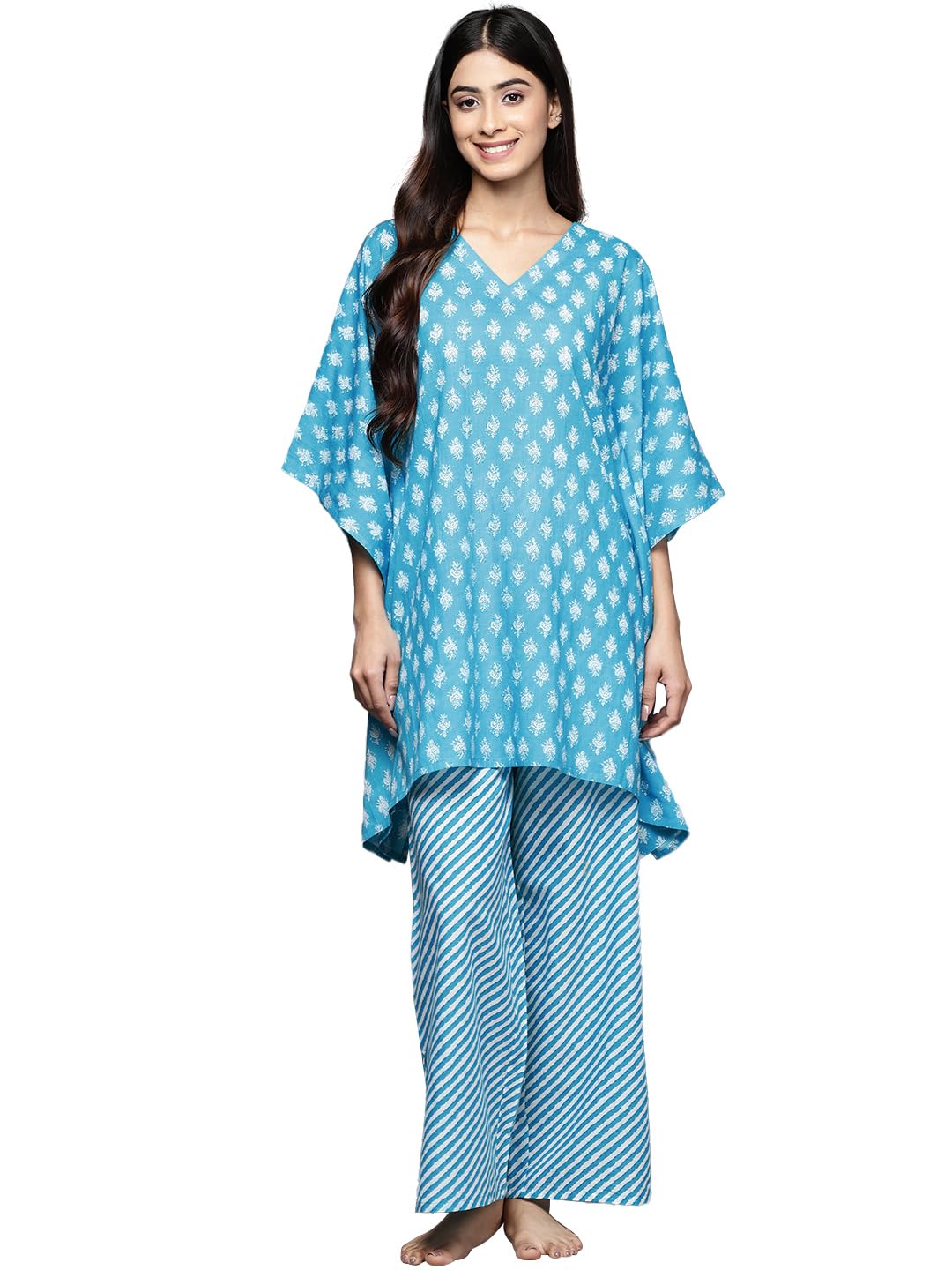 Libas Womens Printed Cotton Night Suit Set For Women Turquoise Blue