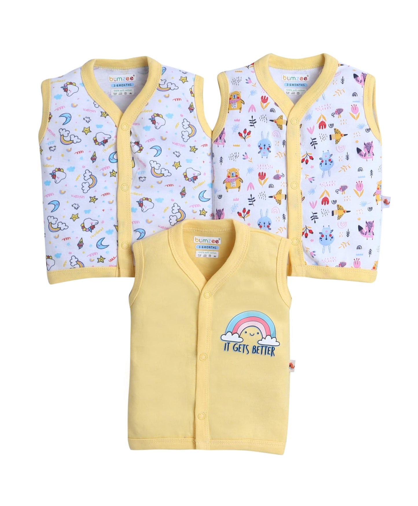 Bumzee Baby Girls Cotton Pack Of 3 Sleeveless Jablas White & Yellow - 6-9 Months (Peb10574D-Wht)